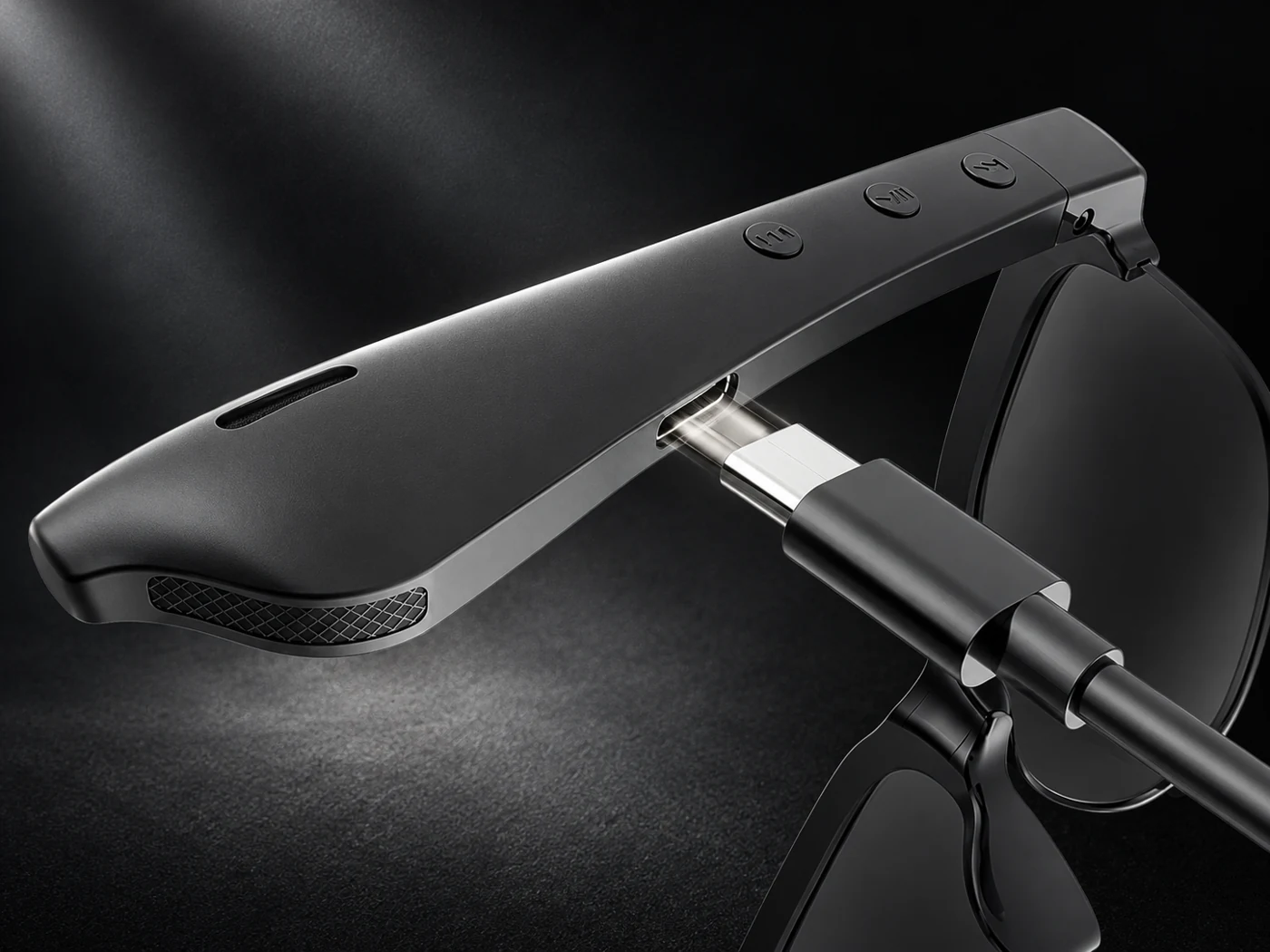 USB-C-Anschluss und Ladekabel am schwarzen Brillenbügel